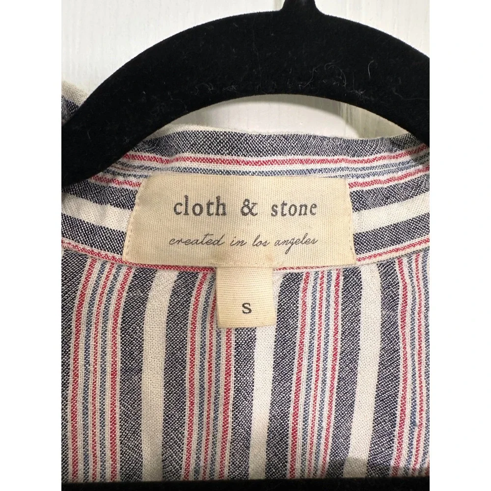 Cloth & Stone Striped Tie Front Linen Blend Button Down Shirt Navy Red White S - Picture 2 of 5